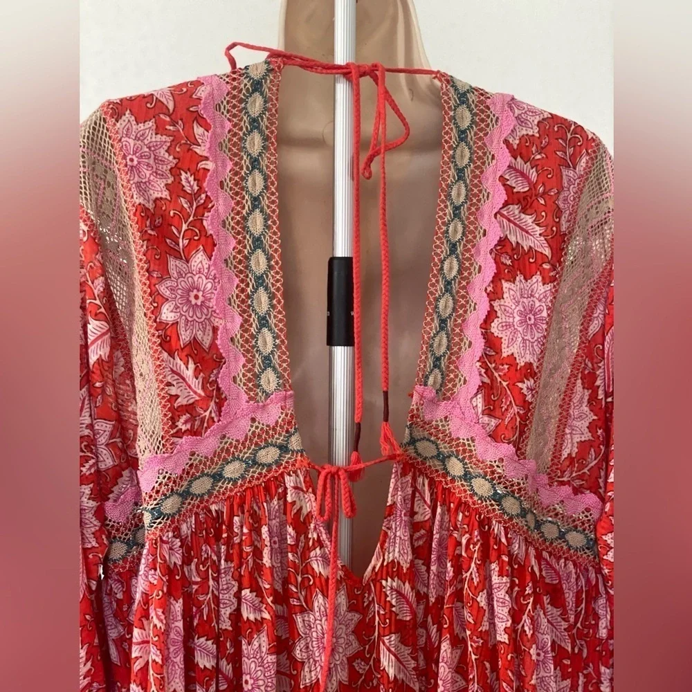 Free People moon child printed crochet inset colorful maxi top XS